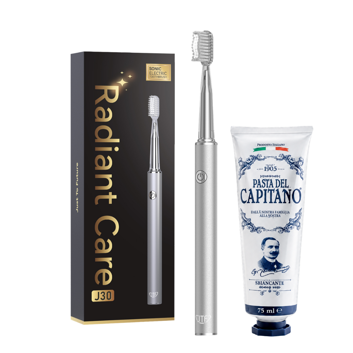 Periuta de dinti electrica JTF Sonic J30 SILVER + Pasta de dinti cu bicarbonat de sodiu 75ml Del Capitano 1905- Pachet Promo