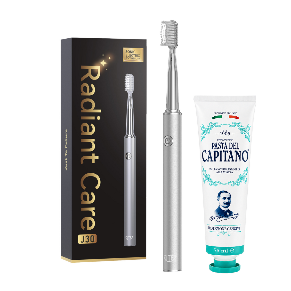 Periuta de dinti electrica JTF Sonic J30 SILVER + Pasta de dinti pentru protectia gingiilor 75ml Del Capitano 1905- Pachet Promo