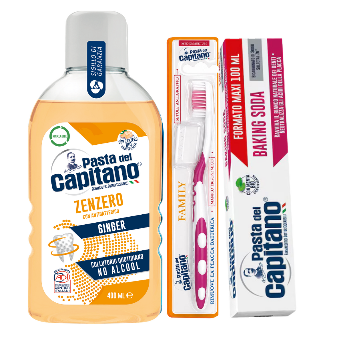 Pasta de dinti cu bicarbonat Pasta del Capitano 100ml + apa de gura cu ghimbir + periuta peri medii – Pachet Promo