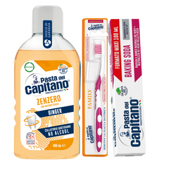 Pasta de dinti cu bicarbonat Pasta del Capitano 100ml + apa de gura cu ghimbir + periuta peri medii – Pachet Promo