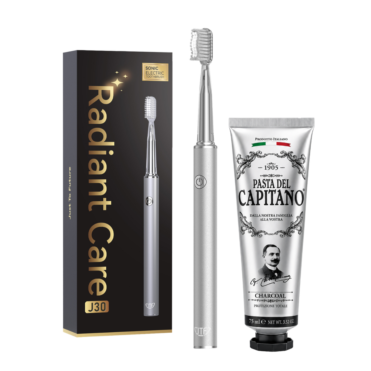 Periuta de dinti electrica JTF Sonic J30 SILVER + Pasta de dinti cu carbune activ 75ml Del Capitano 1905- Pachet Promo