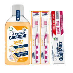 Pasta de dinti cu bicarbonat Pasta del Capitano 100ml + apa de gura cu ghimbir + 2x periuta peri medii – Pachet Promo