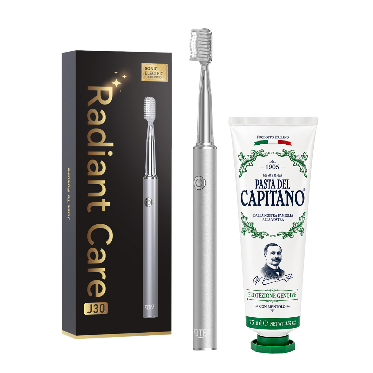 Periuta de dinti electrica JTF Sonic J30 SILVER+ Pasta de dinti cu plante naturale 75ml Del Capitano 1905- Pachet Promo