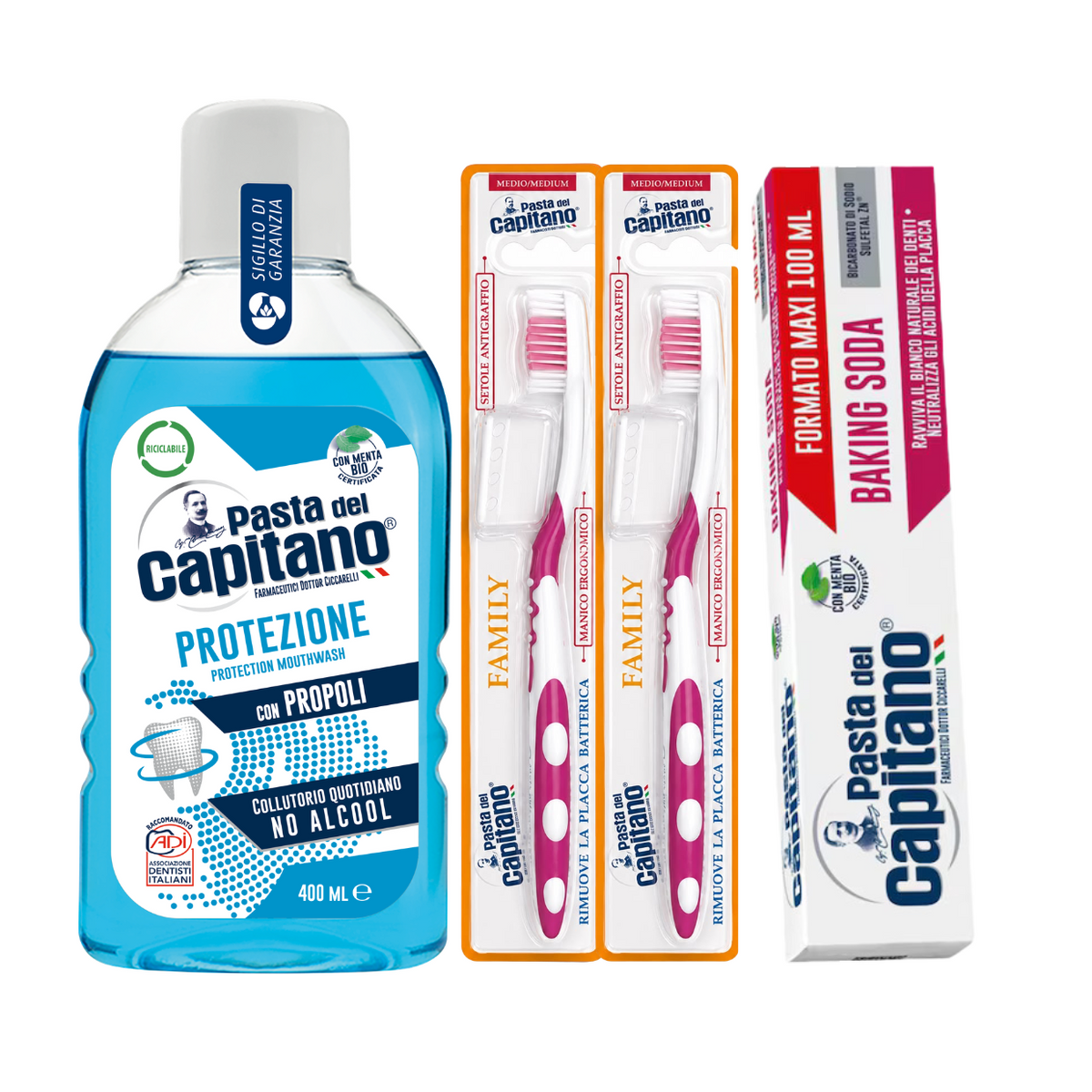Pasta de dinti cu bicarbonat Pasta del Capitano 100ml + apa de gura pentru protectie + 2x periuta peri medii – Pachet Promo
