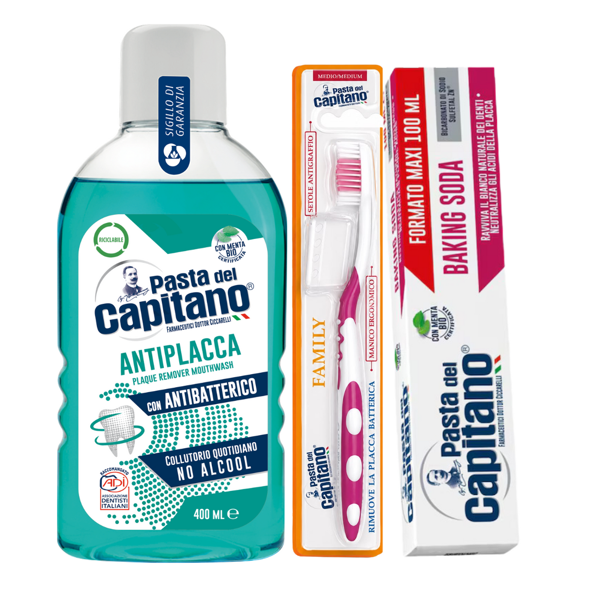 Pasta de dinti cu bicarbonat Pasta del Capitano 100ml + apa de gura antiplaca + periuta peri medii – Pachet Promo