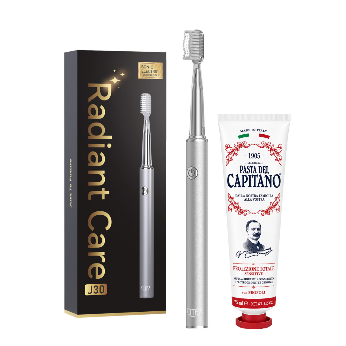 Periuta de dinti electrica JTF Sonic J30 SILVER+ Pasta de dinti Originala pentru protectie totala 75ml Del Capitano 1905- Pachet Promo