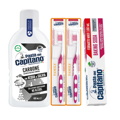 Pasta de dinti cu bicarbonat Pasta del Capitano 100ml + apa de gura cu carbune activ + 2x periuta peri medii – Pachet Promo