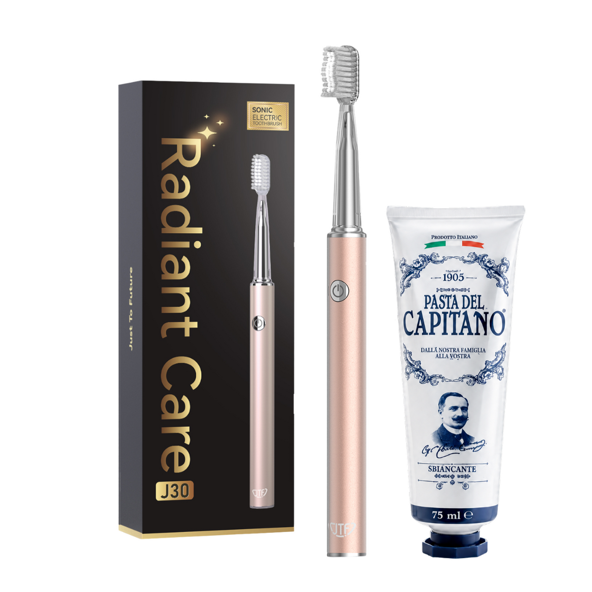 Periuta de dinti electrica JTF Sonic J30 GOLD + Pasta de dinti cu bicarbonat de sodiu 75ml Del Capitano 1905- Pachet Promo
