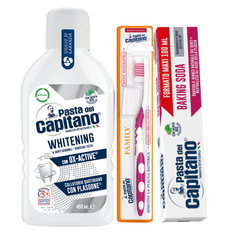Pasta de dinti cu bicarbonat Pasta del Capitano 100ml + apa de gura pentru albire + periuta peri medii – Pachet Promo