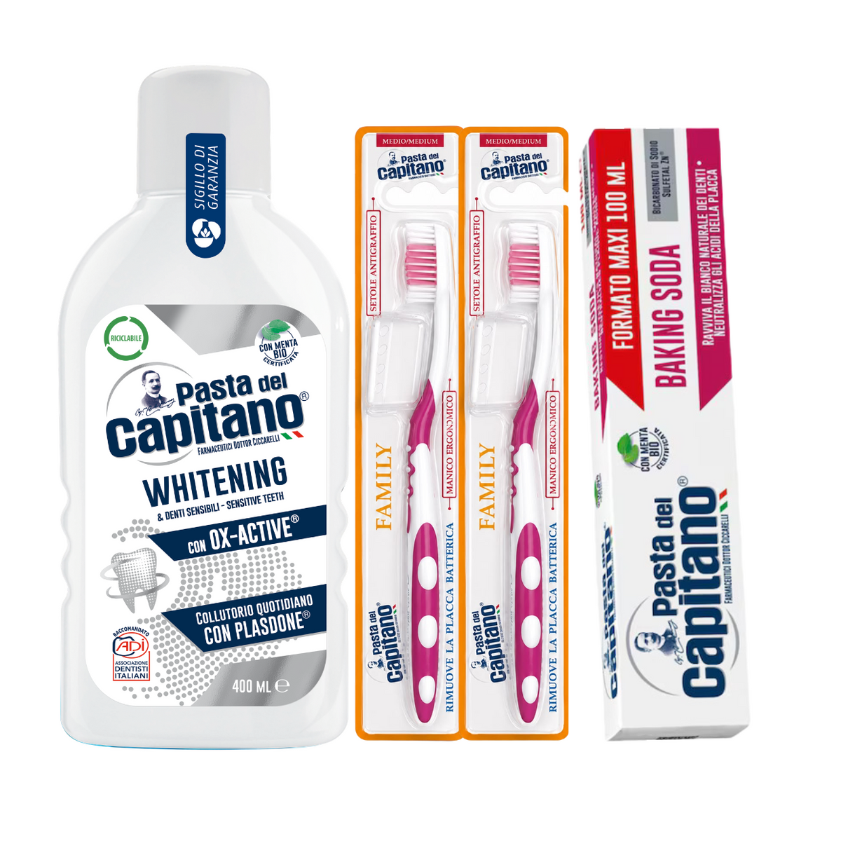 Pasta de dinti cu bicarbonat Pasta del Capitano 100ml + apa de gura pentru albire + 2x periuta peri medii – Pachet Promo