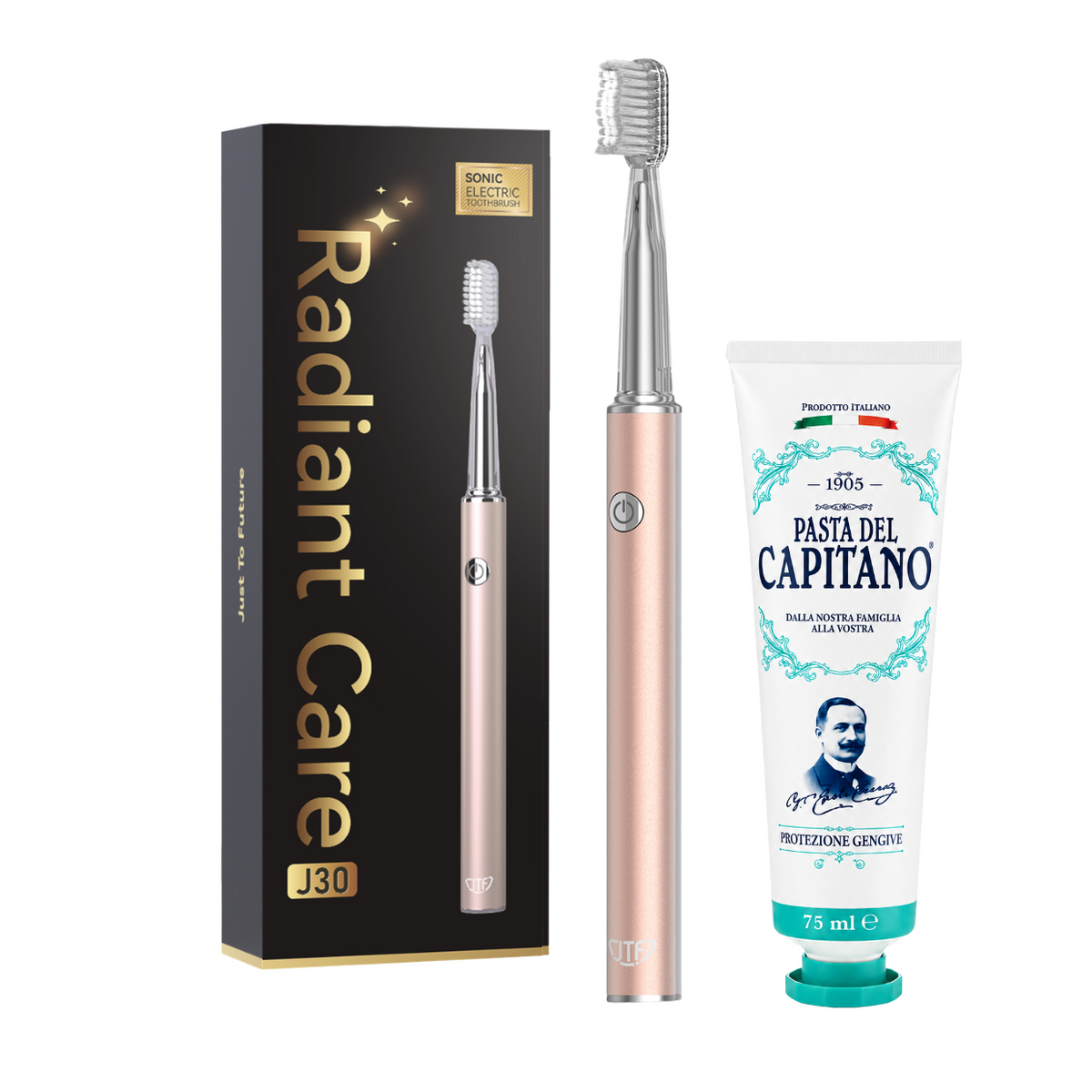Periuta de dinti electrica JTF Sonic J30 GOLD + Pasta de dinti pentru protectia gingiilor 75ml Del Capitano 1905- Pachet Promo
