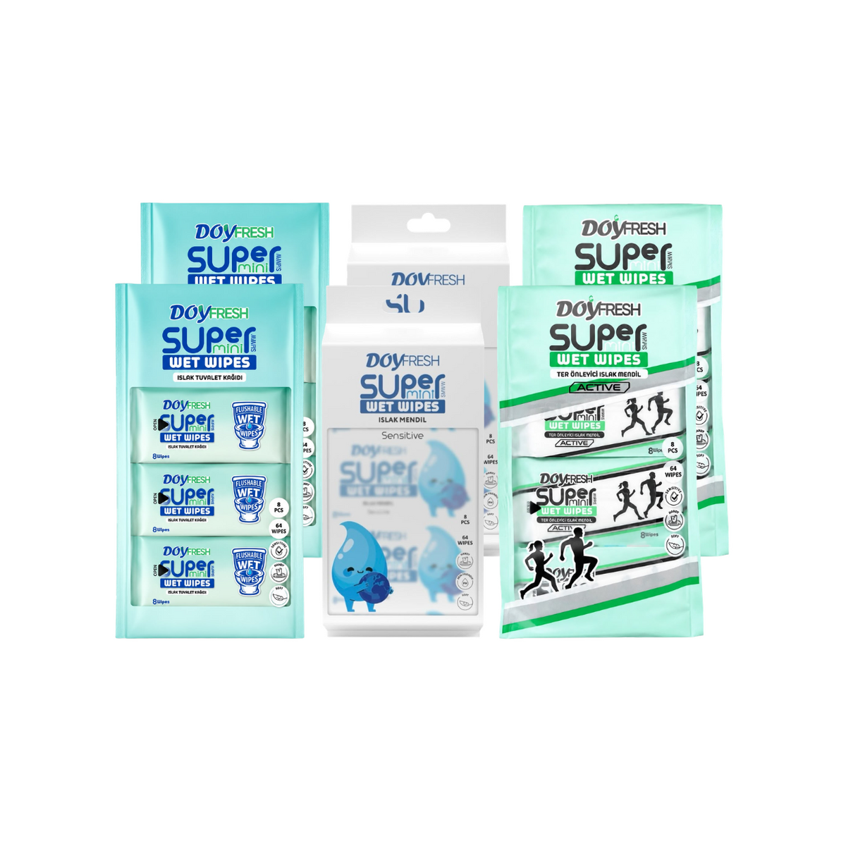 6x MINI Servetele umede buzunar DOYFRESH MIX 8x8buc (2xWHITE+ 2xAntiperspirante + 2xIgienice )
