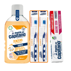 Pasta de dinti cu bicarbonat Pasta del Capitano 100ml + apa de gura cu ghimbir + 2x periuta peri moi– Pachet Promo