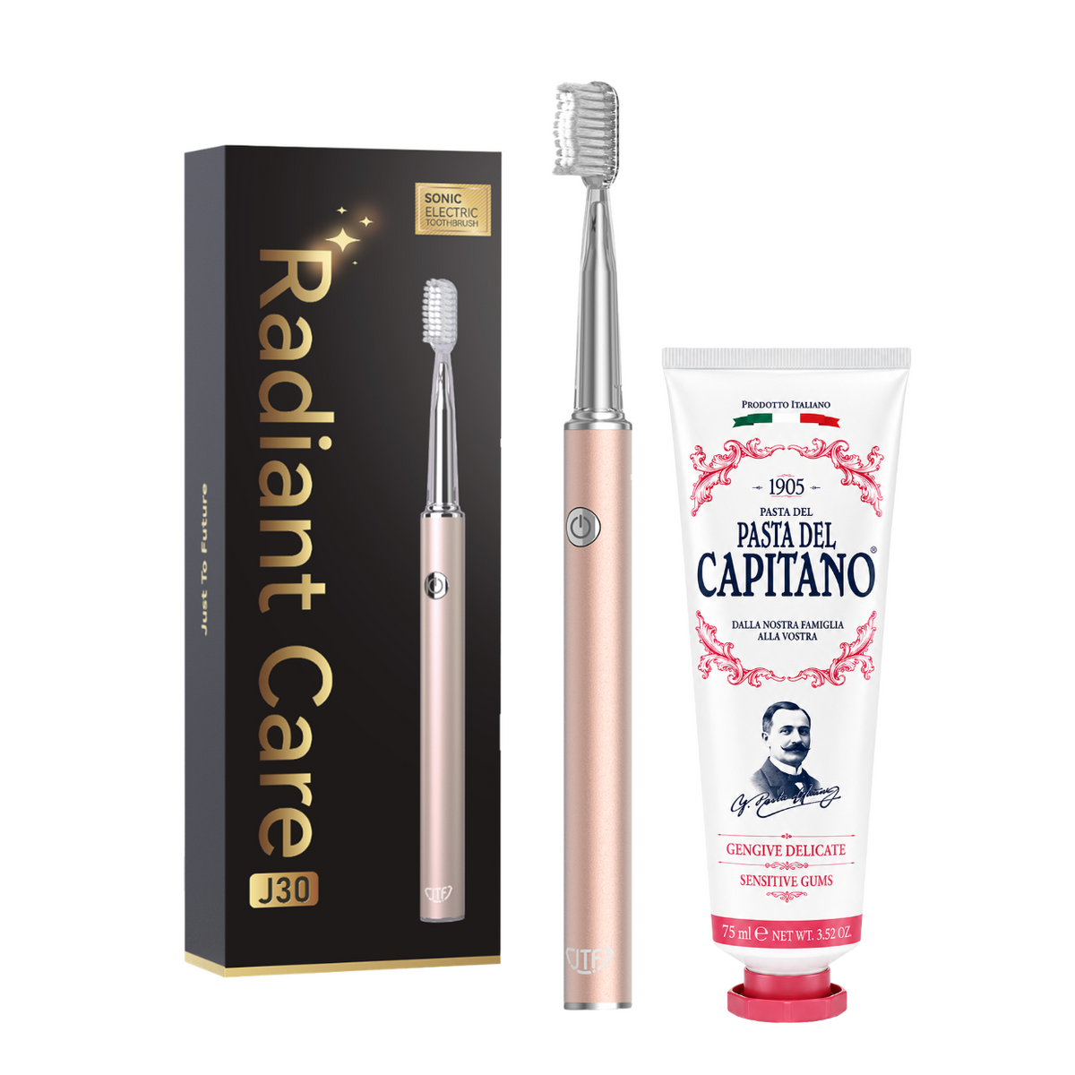 Periuta de dinti electrica JTF Sonic J30 GOLD + Pasta de dinti pentru gingii sensibile 75ml Del Capitano 1905- Pachet Promo