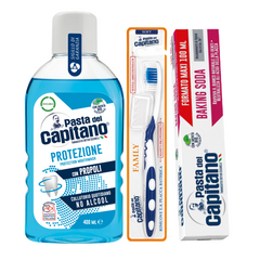 Pasta de dinti cu bicarbonat Pasta del Capitano 100ml + apa de gura pentru protectie + periuta peri moi– Pachet Promo
