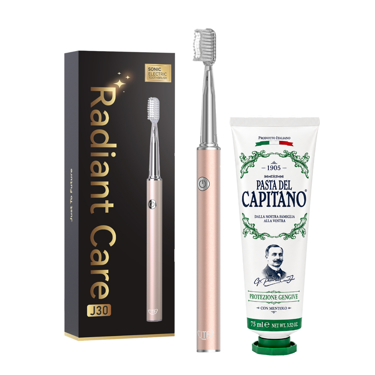 Periuta de dinti electrica JTF Sonic J30 GOLD + Pasta de dinti cu plante naturale 75ml Del Capitano 1905- Pachet Promo