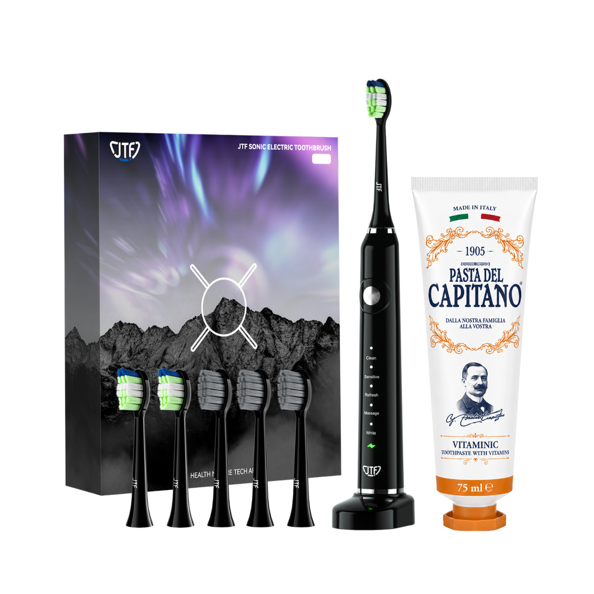 Periuta de dinti electrica JTF Sonic P200 NEGRU+ Pasta de dinti cu vitamine 75ml Del Capitano 1905- Pachet Promo