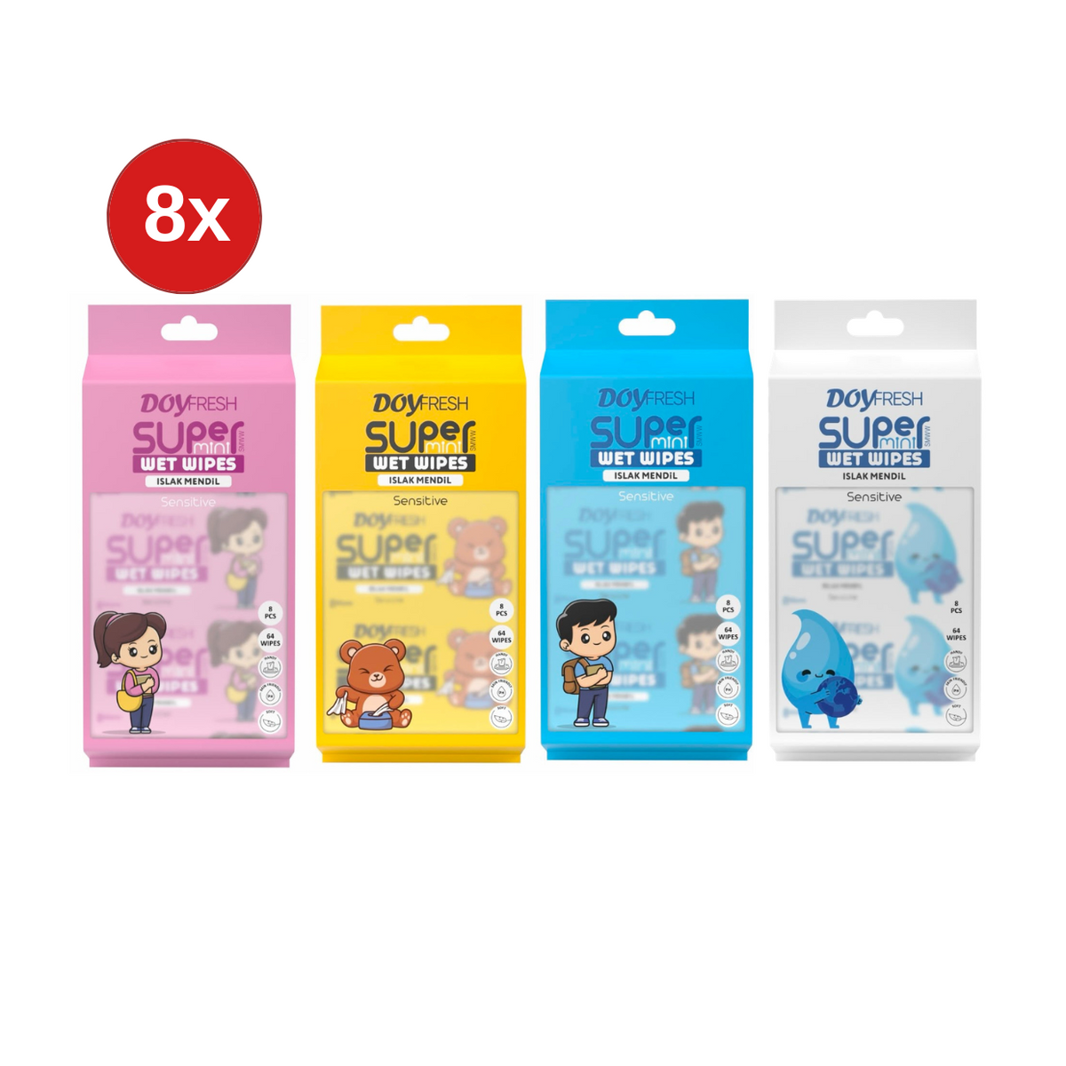 8X Servetele umede buzunar DOYFRESH MIX 8x8buc (2xPINK + 2xYELLOW +2xBLUE + 2xWHITE)