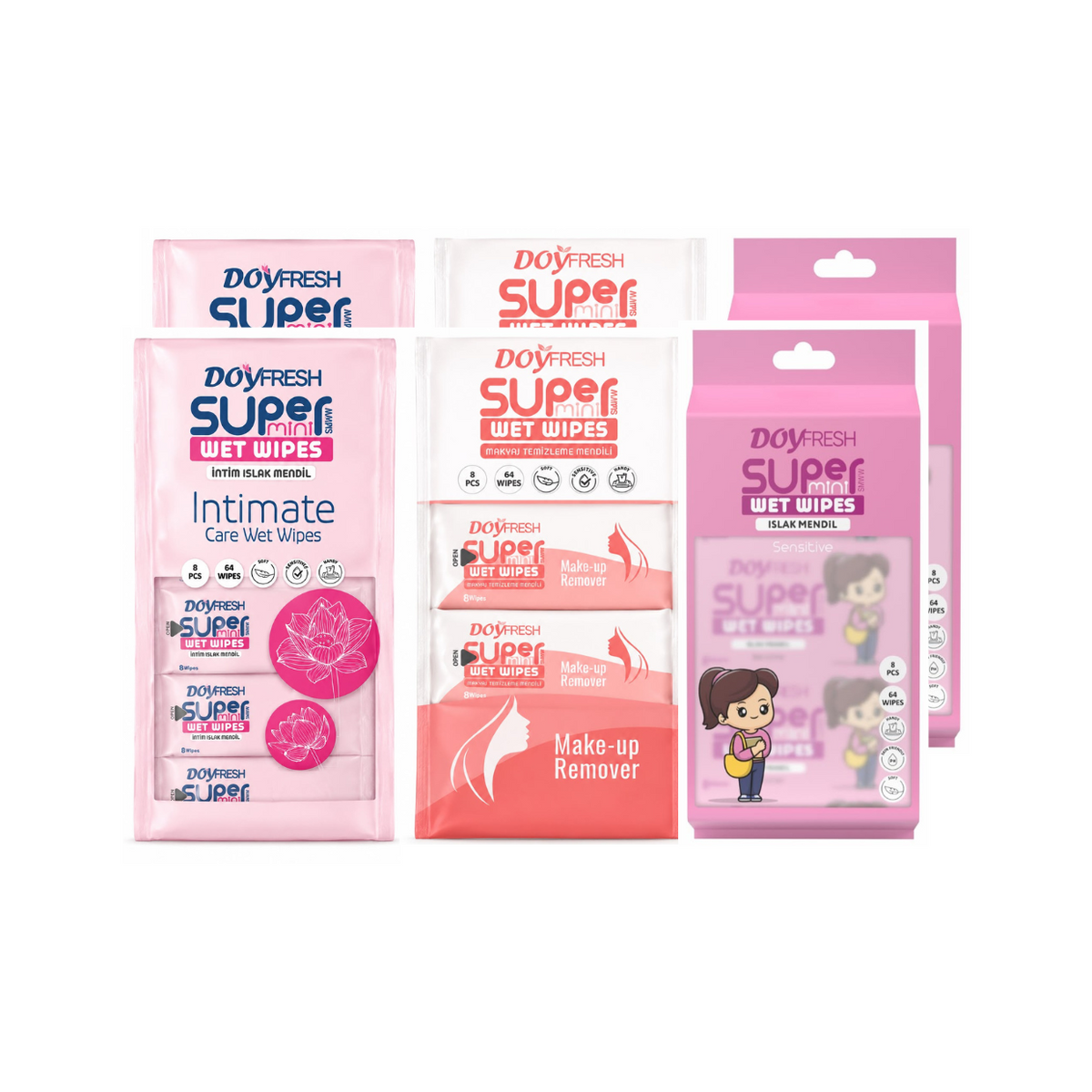 6x MINI Servetele umede buzunar DOYFRESH MIX 8x8buc (2xIntimate + 2xPink + 2xMake-up)