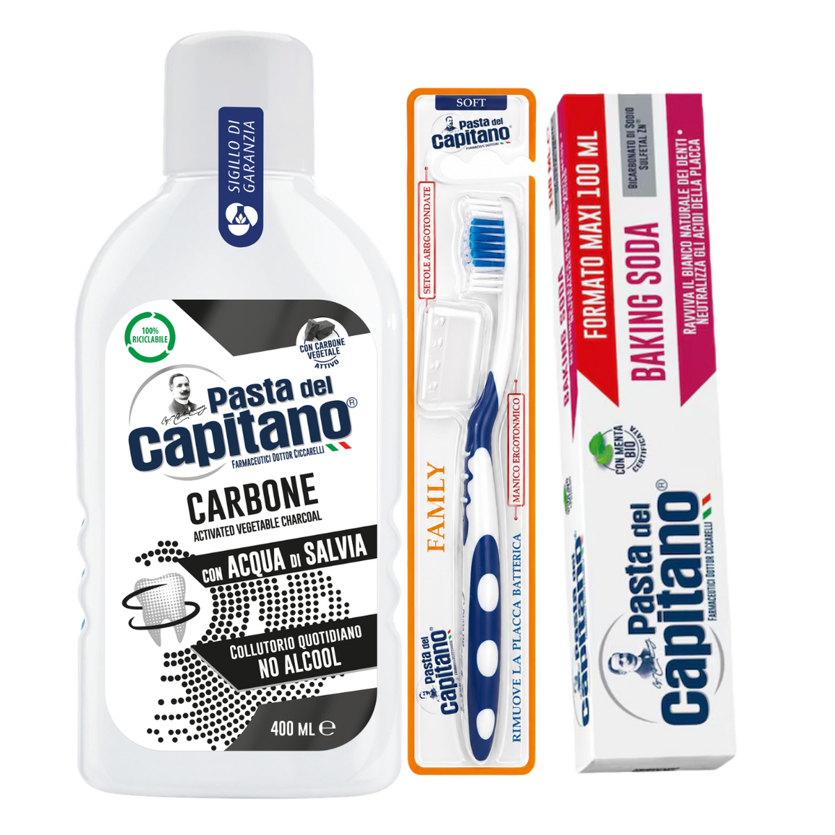 Pasta de dinti cu bicarbonat Pasta del Capitano 100ml + apa de gura cu carbune activ + periuta peri moi– Pachet Promo