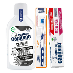 Pasta de dinti cu bicarbonat Pasta del Capitano 100ml + apa de gura cu carbune activ + periuta peri moi– Pachet Promo