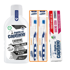 Pasta de dinti cu bicarbonat Pasta del Capitano 100ml + apa de gura cu carbune activ + 2x periuta peri moi– Pachet Promo