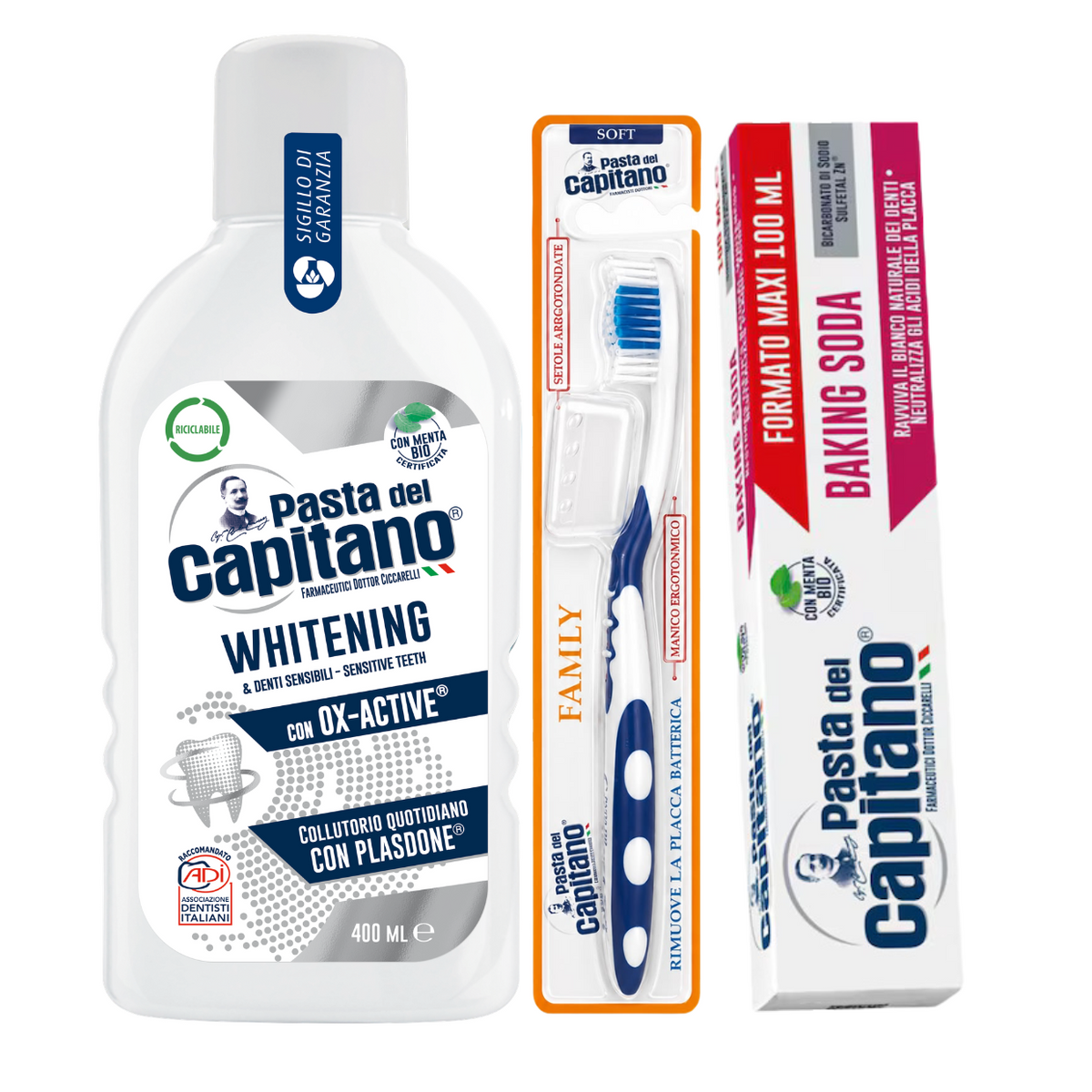 Pasta de dinti cu bicarbonat Pasta del Capitano 100ml + apa de gura pentru albire + periuta peri moi– Pachet Promo