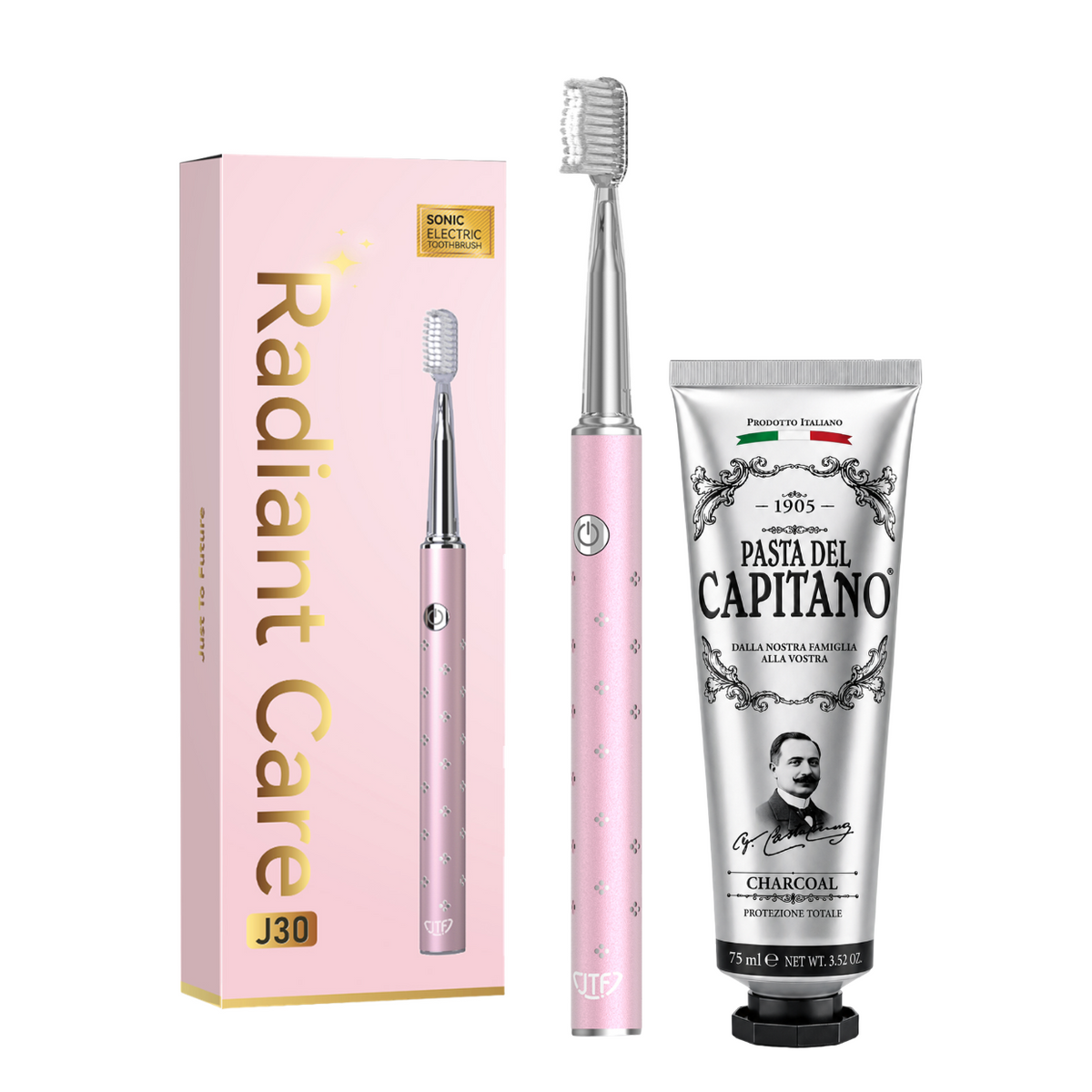 Periuta de dinti electrica JTF Sonic J30 PINK + Pasta de dinti cu carbune activ 75ml Del Capitano 1905- Pachet Promo