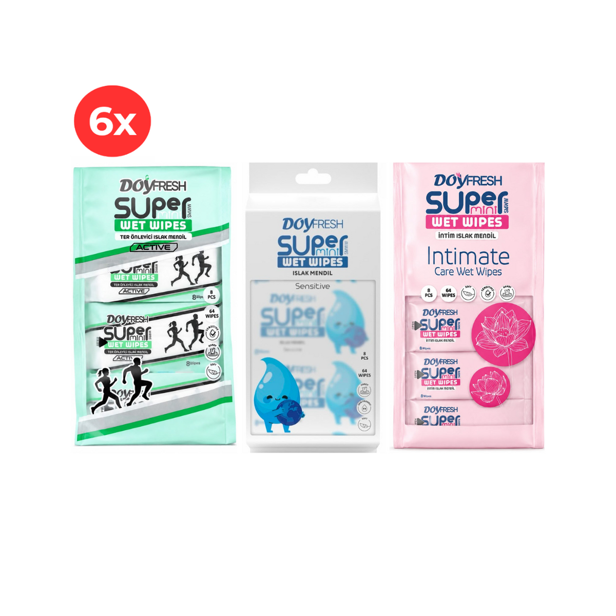 6x MINI Servetele umede buzunar DOYFRESH MIX 8x8buc (2xIntimate + 2xWhite + 2xAntiperspirante)