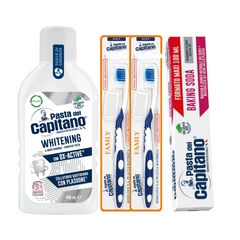 Pasta de dinti cu bicarbonat Pasta del Capitano 100ml + apa de gura pentru albire + 2x periuta peri moi– Pachet Promo