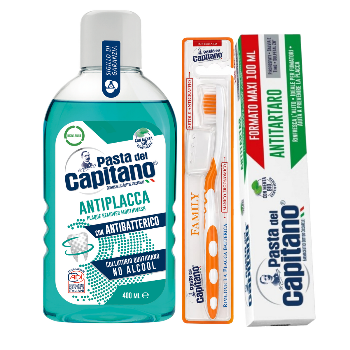 Pasta de dinti antitartru Pasta del Capitano 100ml + apa de gura antiplaca + periuta peri tari– Pachet Promo