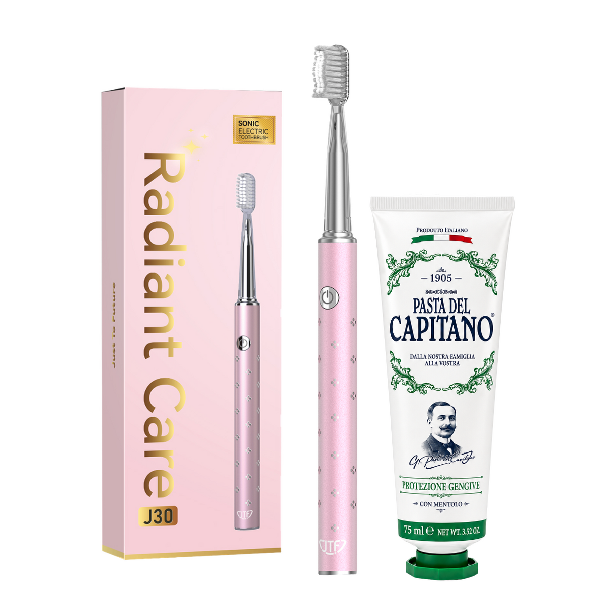 Periuta de dinti electrica JTF Sonic J30 PINK + Pasta de dinti cu plante naturale 75ml Del Capitano 1905- Pachet Promo