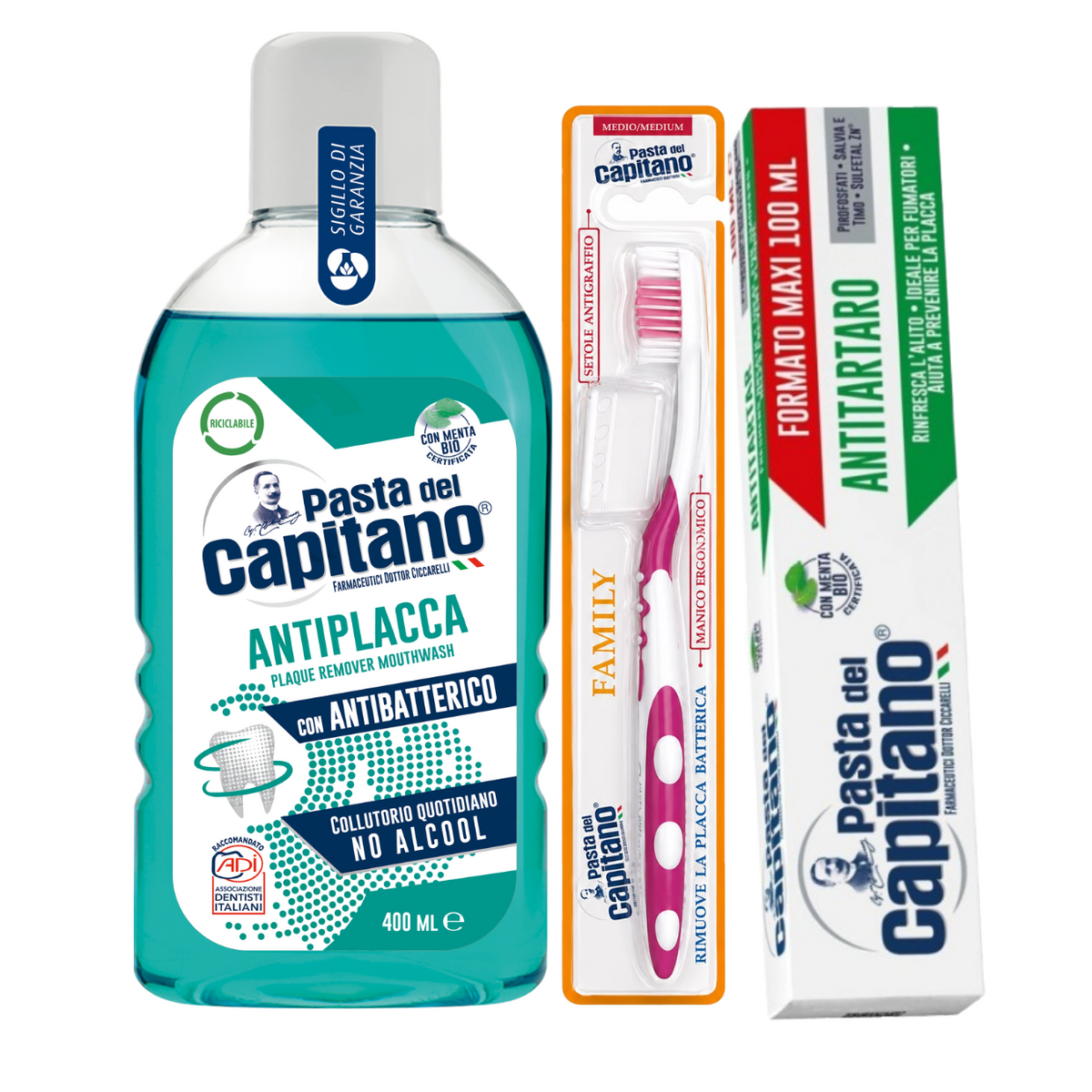 Pasta de dinti antitartru Pasta del Capitano 100ml + apa de gura antiplaca + periuta peri medii– Pachet Promo
