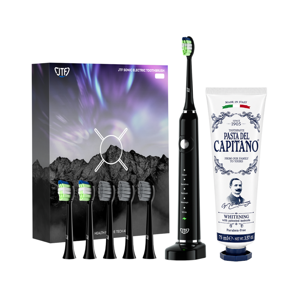 Periuta de dinti electrica JTF Sonic P200 NEGRU+ Pasta de dinti pentru albire 75ml Del Capitano 1905- Pachet Promo
