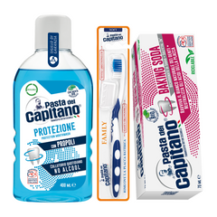 Pasta de dinti cu bicarbonat Pasta del Capitano + apa de gura + periuta peri moi– Pachet Promo