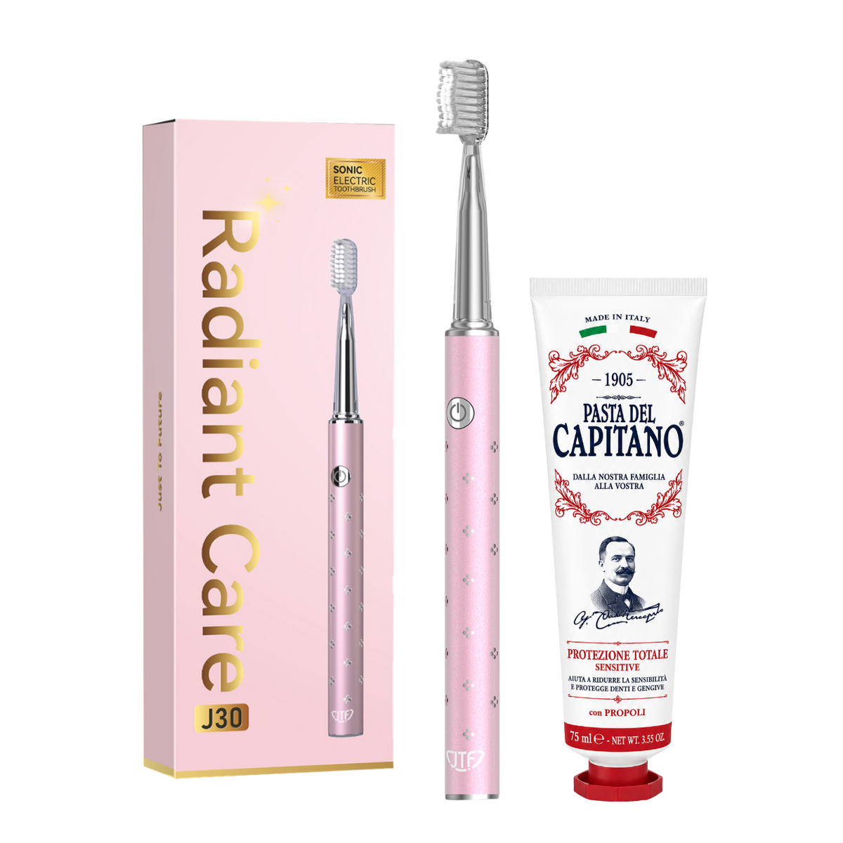 Periuta de dinti electrica JTF Sonic J30 PINK + Pasta de dinti Originala pentru protectie totala 75ml Del Capitano 1905- Pachet Promo