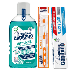 Pasta de dinti impotriva placii si cariilor Pasta del Capitano 100ml + apa de gura antiplaca + periuta peri tari– Pachet Promo