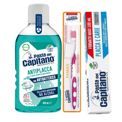Pasta de dinti impotriva placii si cariilor Pasta del Capitano 100ml + apa de gura antiplaca + periuta peri medii– Pachet Promo