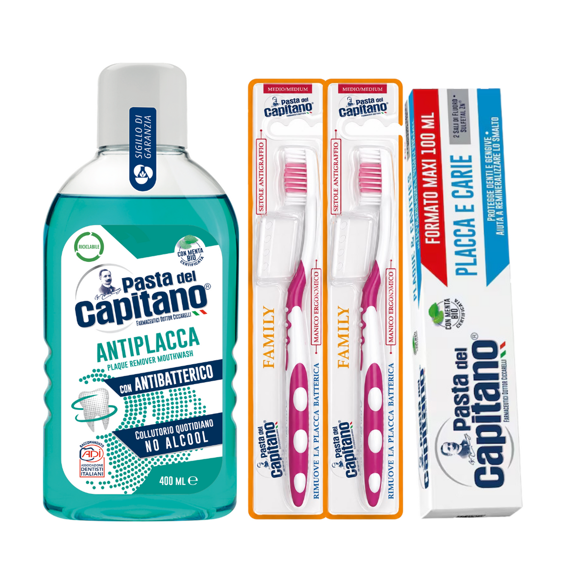Pasta de dinti impotriva placii si cariilor Pasta del Capitano 100ml + apa de gura antiplaca + 2x periuta peri medii– Pachet Promo