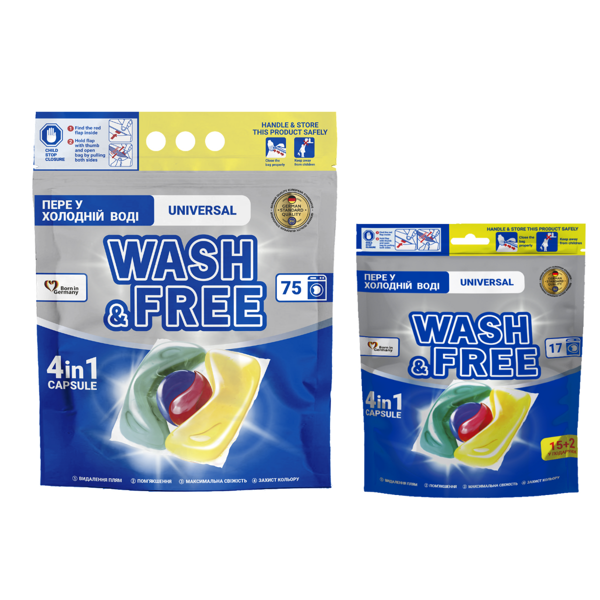 Pachet Promo WASH & FREE - Detergent capsule pentru rufe Universal 75 capsule & Universal  17 capsule