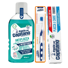 Pasta de dinti impotriva placii si cariilor Pasta del Capitano 100ml + apa de gura antiplaca + periuta peri moi– Pachet Promo