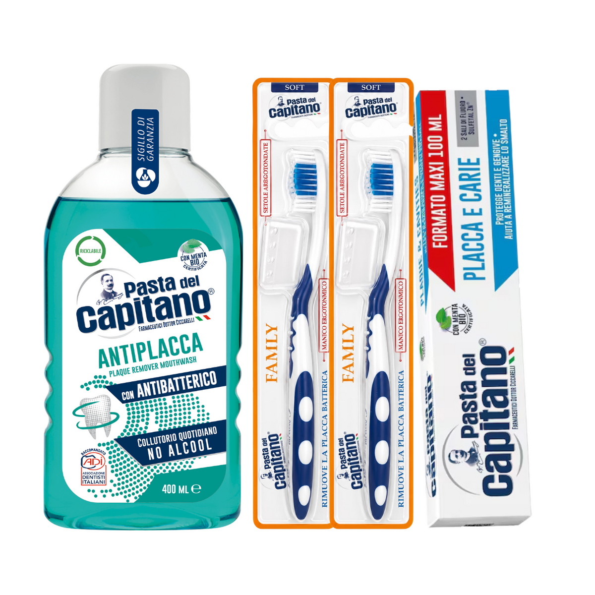 Pasta de dinti impotriva placii si cariilor Pasta del Capitano 100ml + apa de gura antiplaca + 2x periuta peri moi– Pachet Promo