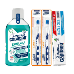 Pasta de dinti impotriva placii si cariilor Pasta del Capitano 100ml + apa de gura antiplaca + 2x periuta peri moi– Pachet Promo