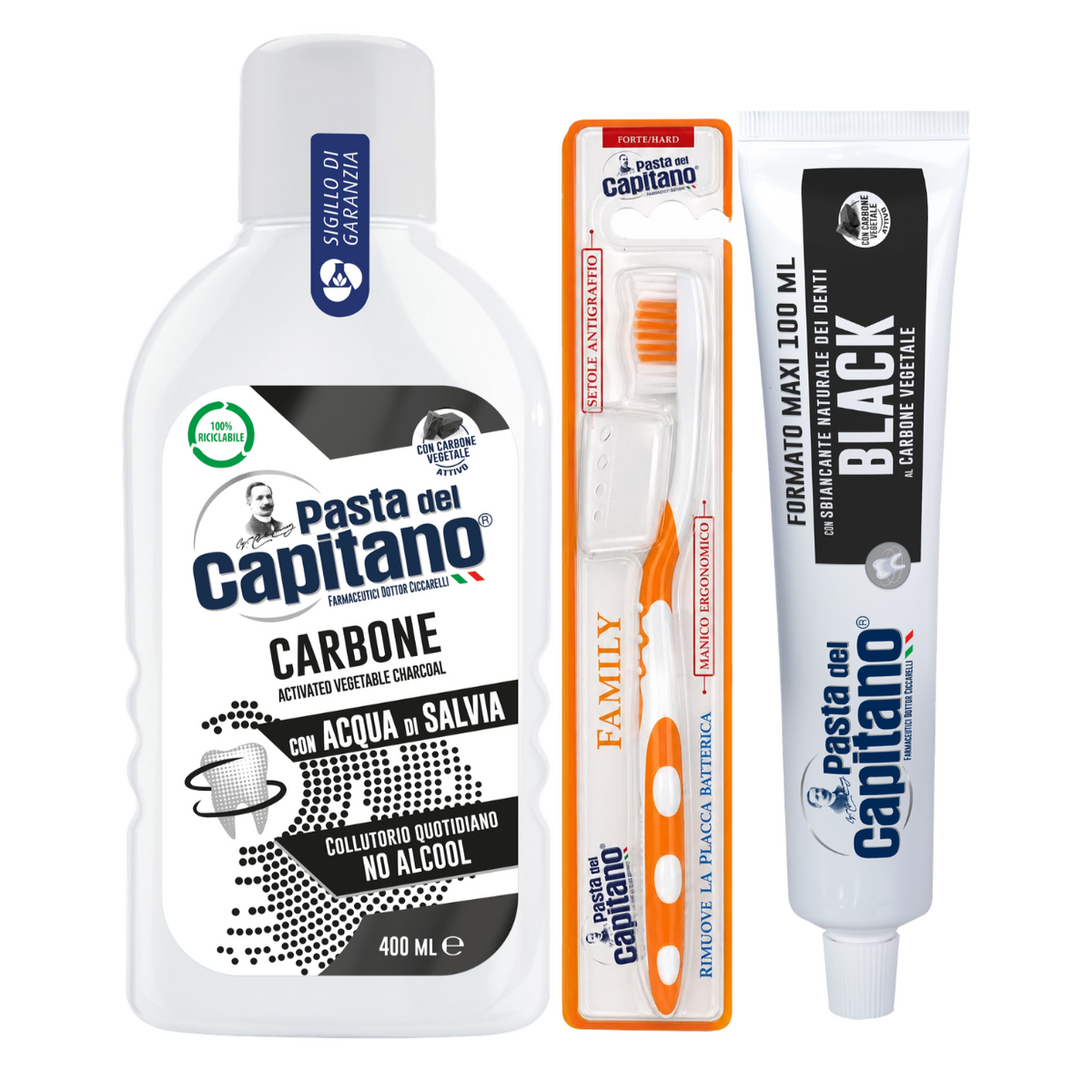 Pasta de dinti cu carbune activ Pasta del Capitano 100ml + apa de gura cu carbune activ + periuta peri tari– Pachet Promo