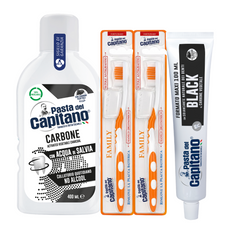 Pasta de dinti cu carbune activ Pasta del Capitano 100ml + apa de gura cu carbune activ + 2x periuta peri tari– Pachet Promo