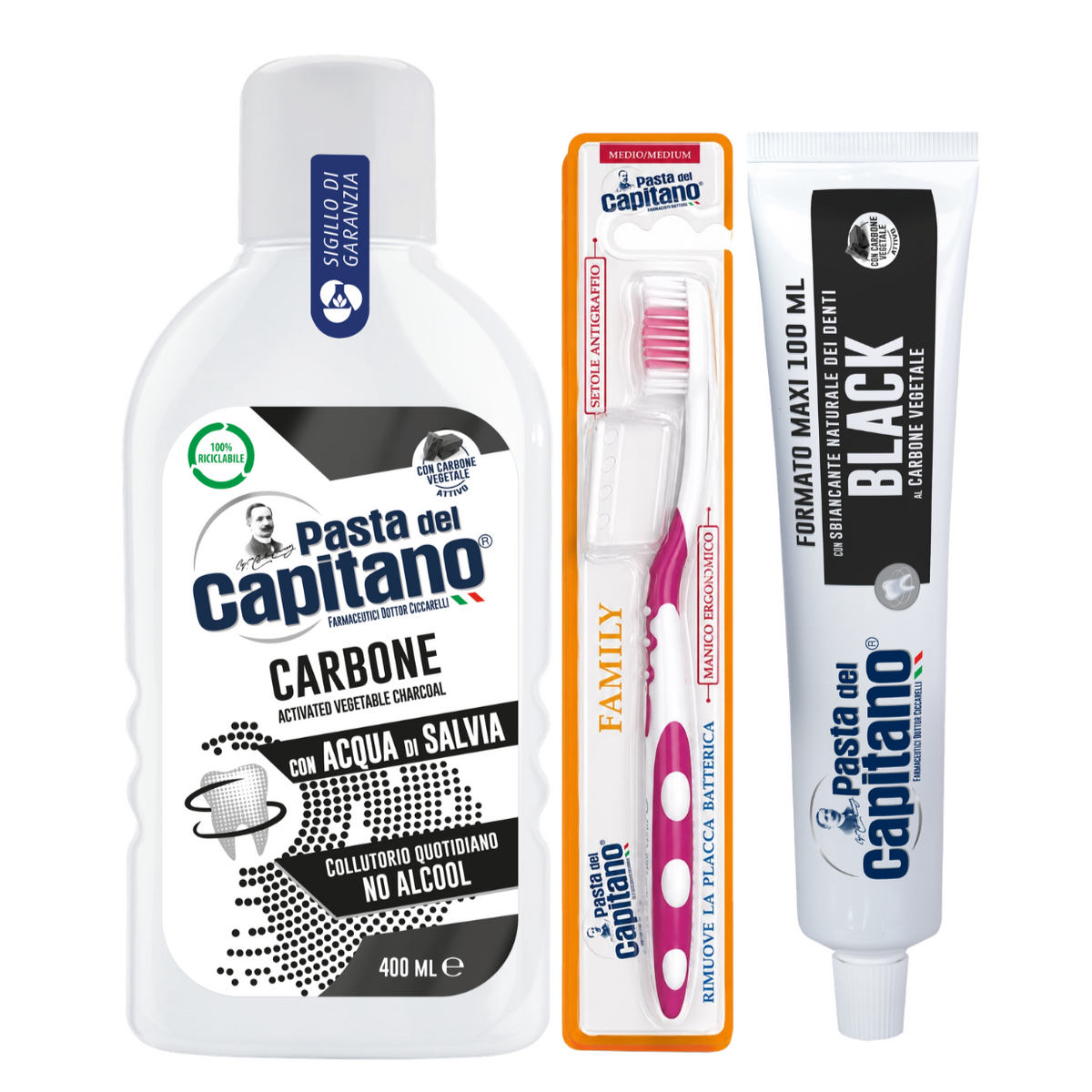 Pasta de dinti cu carbune activ Pasta del Capitano 100ml + apa de gura cu carbune activ + periuta peri medii– Pachet Promo