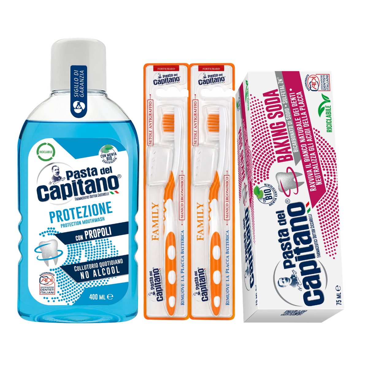 Pasta de dinti cu bicarbonat Pasta del Capitano + apa de gura + 2x periute peri tari – Pachet Promo