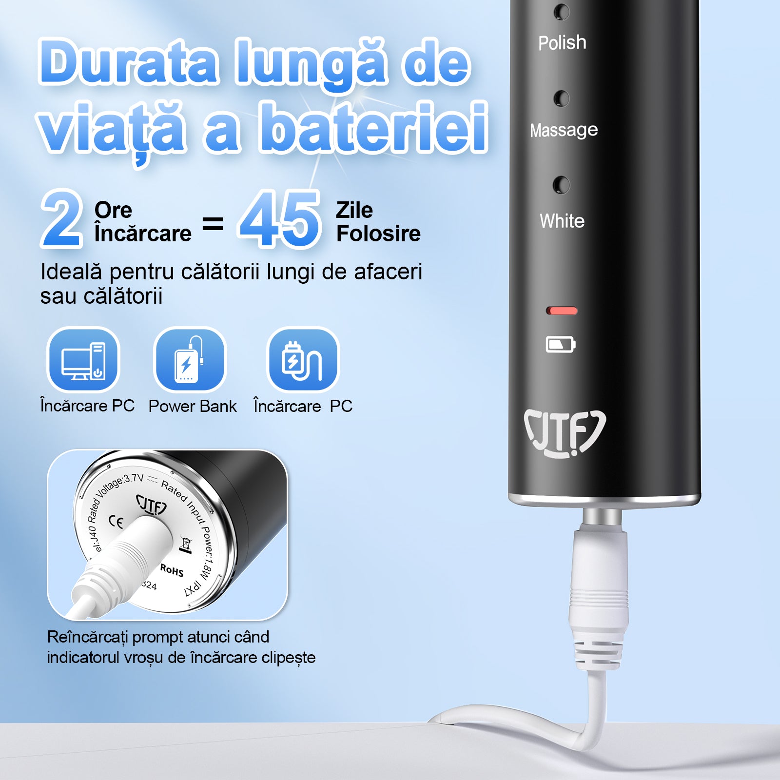 Periuta de dinti electrica, JTF Sonic, J40 (8 capete de periere) Albastru