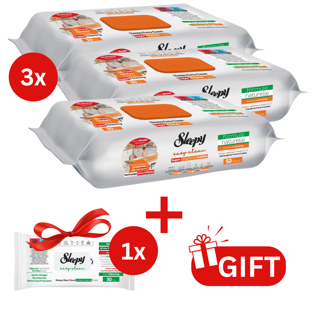 PACHET PROMO: 3× Șervețele Sleepy Easy Clean portocală 50 buc + 1× Șervețele White Soap 30 buc