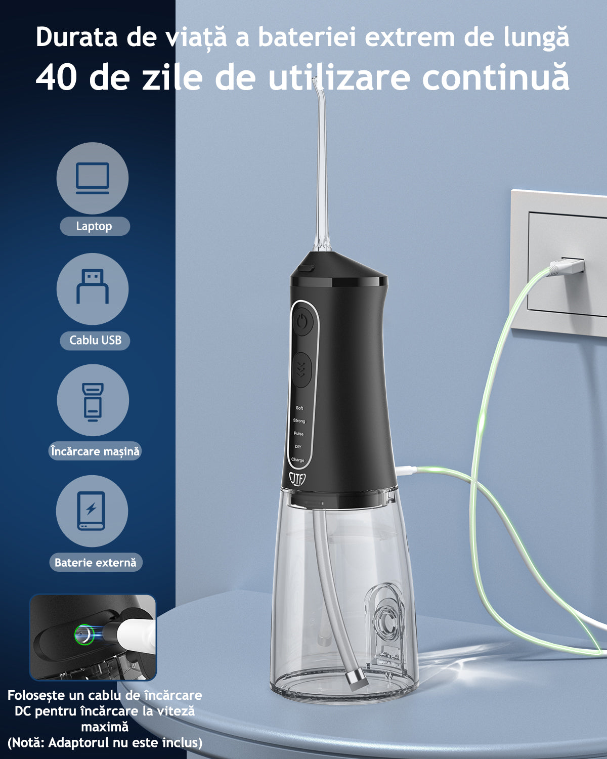 Irigator bucal portabil, JTF Sonic, F300 (9 capete, cablu de încărcare) cu lampa UV, Negru